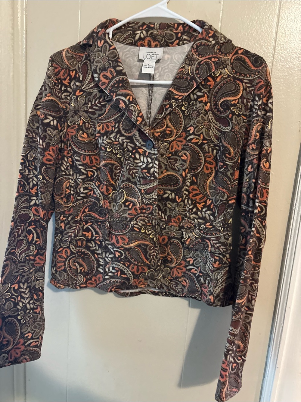 LOFT Paisley Cotton Button-Front Jacket — Brown, Rust & Cream
